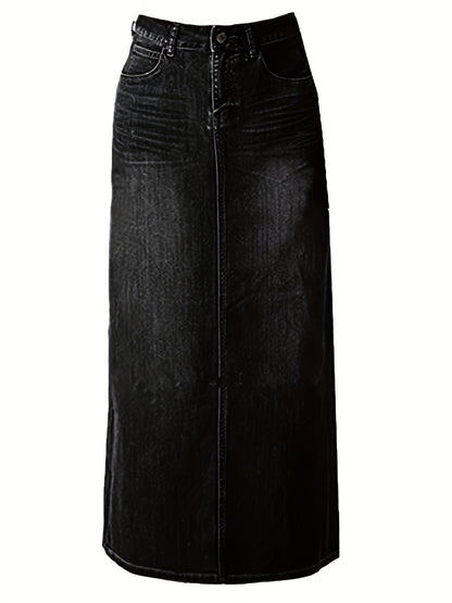 Long Denim Skirt for Women Casual A-Line Denim Maxi Skirt Stretch High Waisted Jean Skirt with Pocket