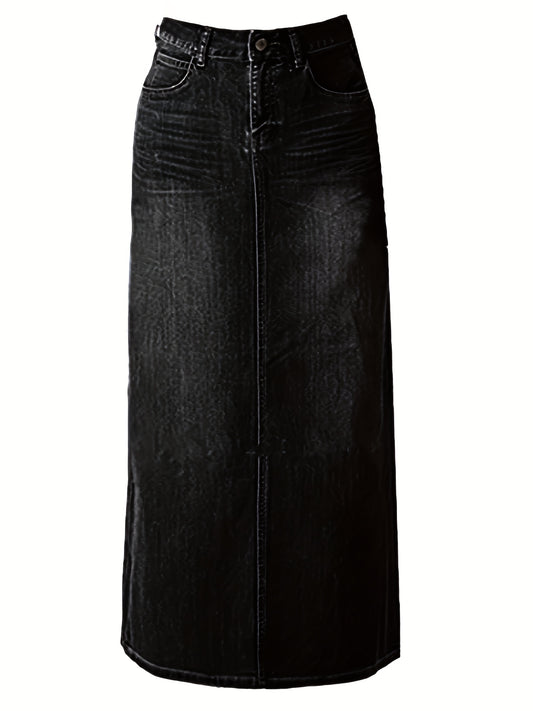 Long Denim Skirt for Women Casual A-Line Denim Maxi Skirt Stretch High Waisted Jean Skirt with Pocket