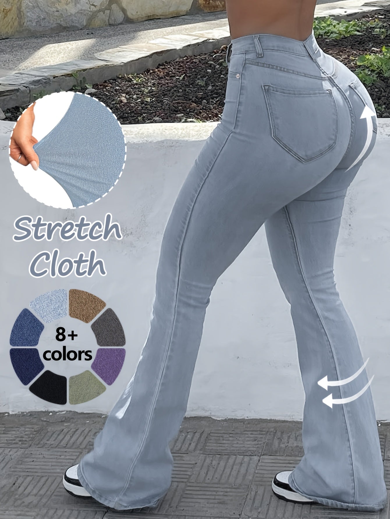 GILIPUR MH1025 Light Blue Retro High-Waist Stretch Straight Leg Women's Pants, Street Style Solid Color Long Pants with Pockets, All-Season Comfortable Stretch Fabric, Machine Washable