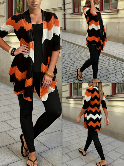 [Printed Cardigan Set] Women's 3pcs Set, Printed Cardigan Jacket Paired with Solid Color Casual Pants Vest Daily Set
