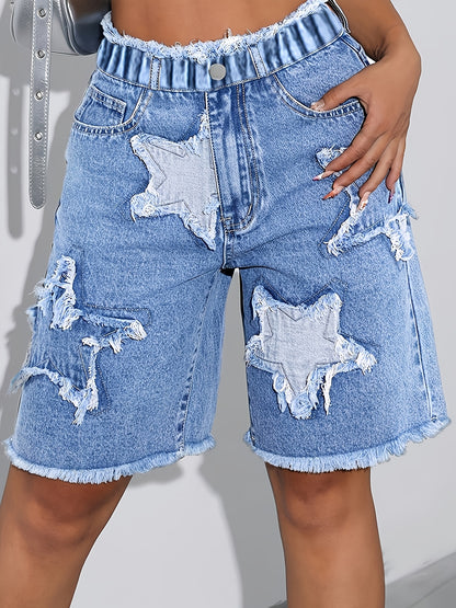 Girls' Fashionable Versatile Y2K Star Patch Embroidered Denim Shorts, Zipper-Free, Stretchy Elastic Waist for All-Day Comfort. Trendy Summer Beach & Casual Wear, Ideal for Campus, Back-To-School & Festivals - a Cute Must-Have for Girls, for Outdoor