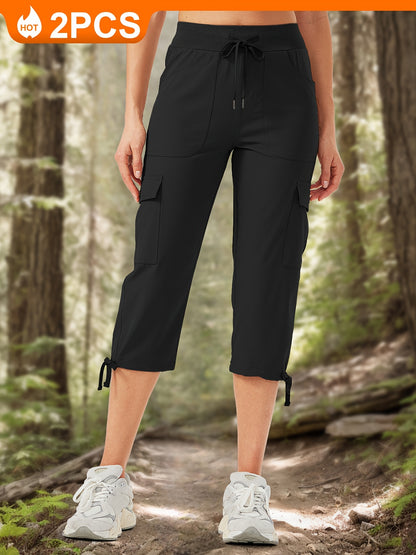 2pcs Women'S Cargo Capris Hiking Pants 50+ Quick Dry Outdoor Athletic Travel Lightweight Casual Loose Comfy Cute Pockets