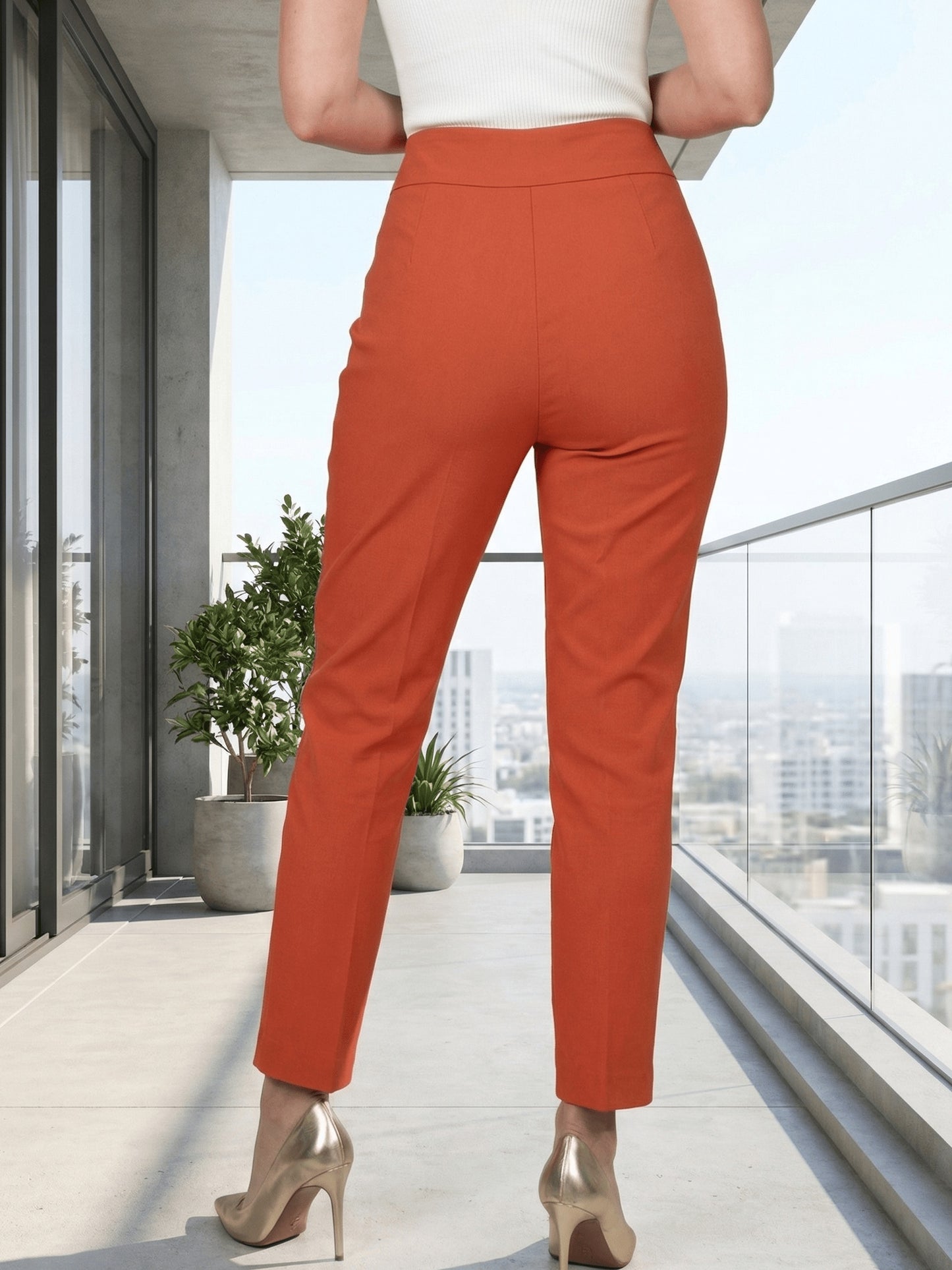 Women's High Waisted Stretch Slim Fit Cropped Trousers, Office Casual Work Pants with Metal Detail
