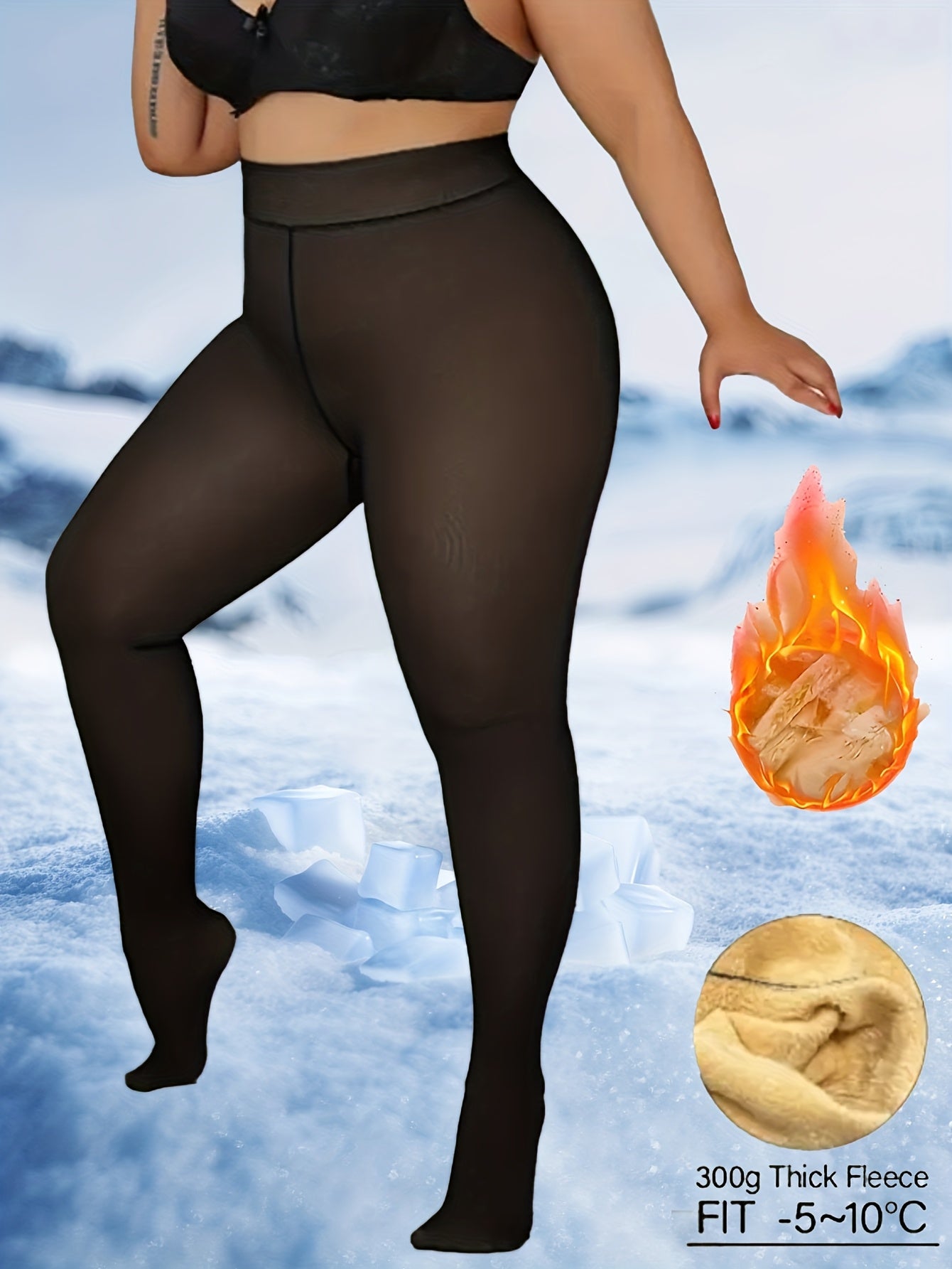Plus Size - 1 Pairs Women'S Plus Stylish Tights, Plus Size Solid Warm Fleece Opaque High Waist Slim Fit Pantyhose For Fall & Winter