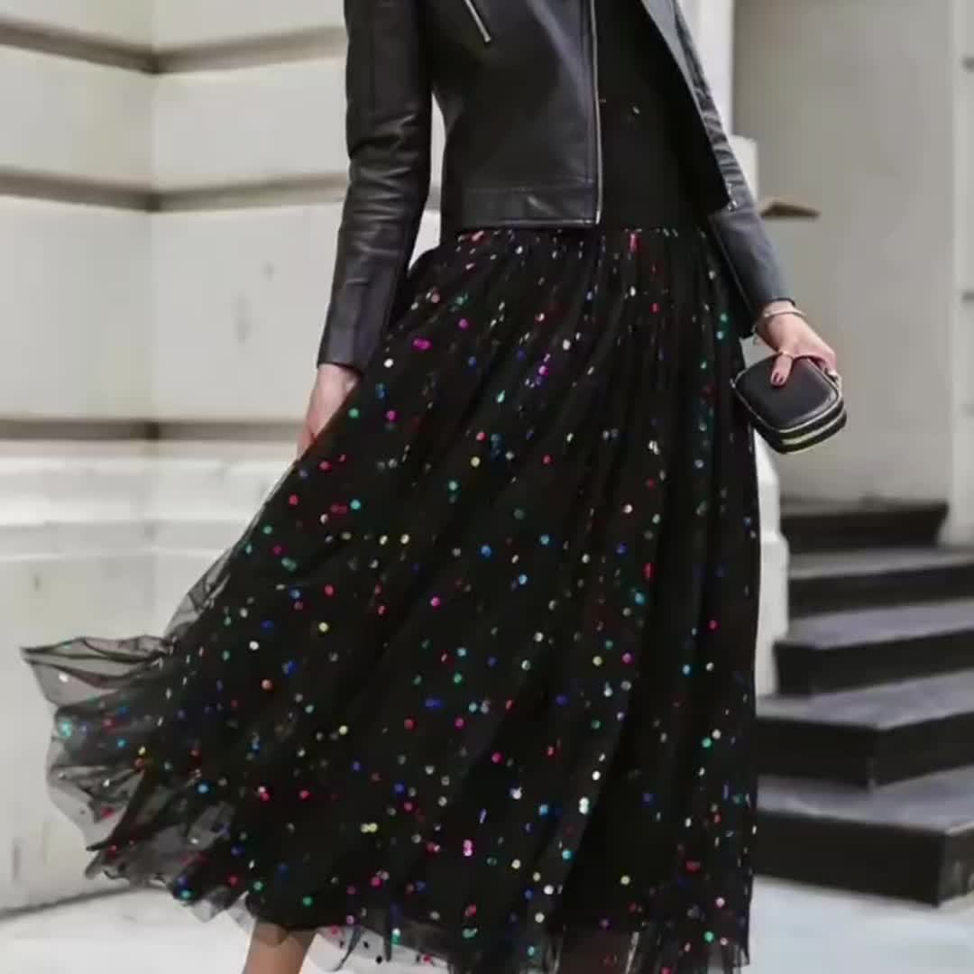 Plus Size, Women's Plus Size Sequin Tulle Midi Skirt, A-Line Sparkle Party Skirt with Colorful Sequins, Perfect for Night Out