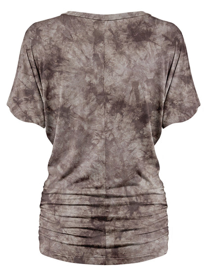 Women's Short Sleeve V Neck Tie-Dye Dolman Top w/Side Shirring