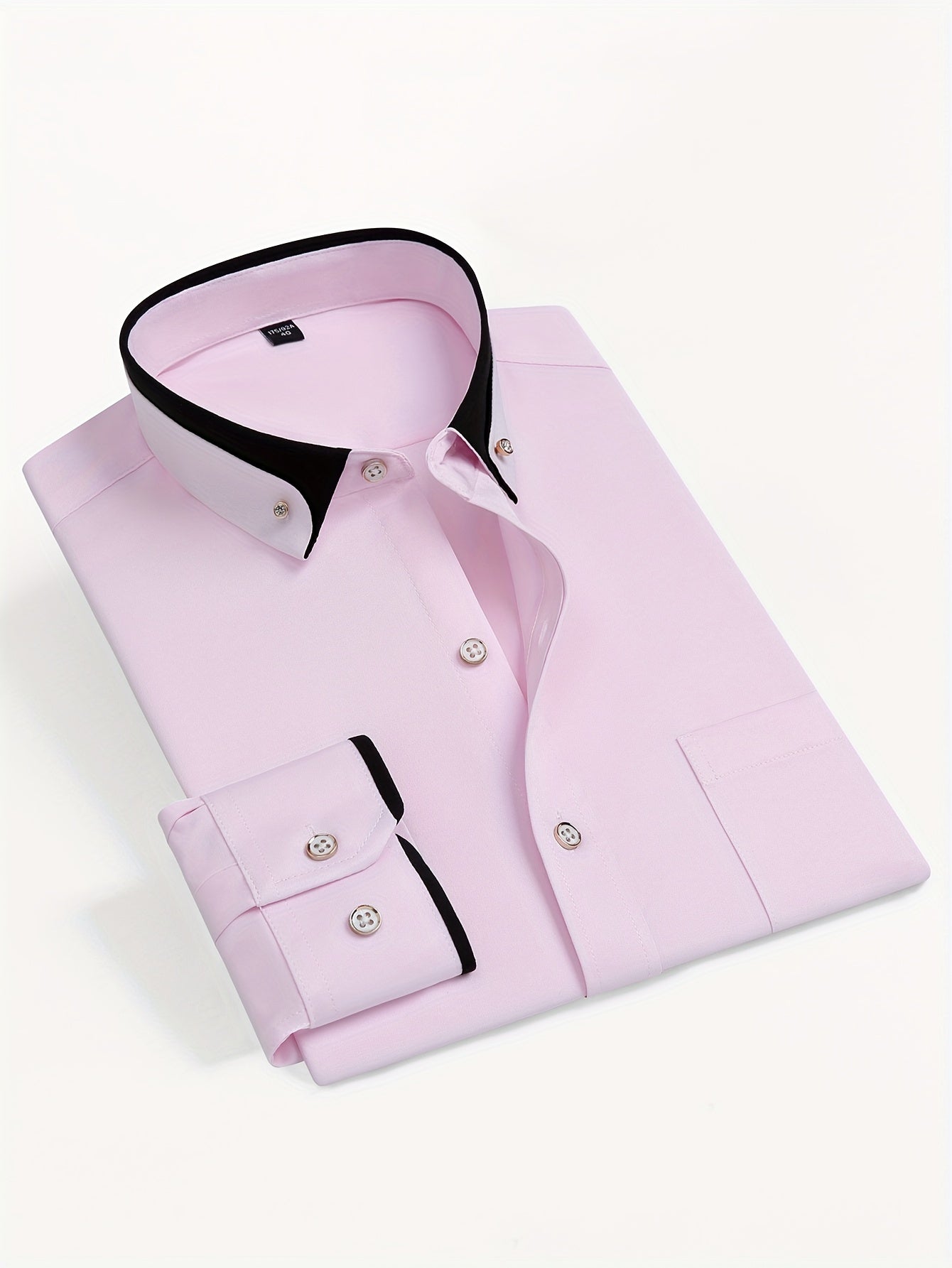 Color Block Fold-Up Collar Crystal Buckle Formal Shirt Men'S Long Sleeve Contrast Color Stretch Iron-Free Business Casual Top with Loan Fashion Cardigan Shirt