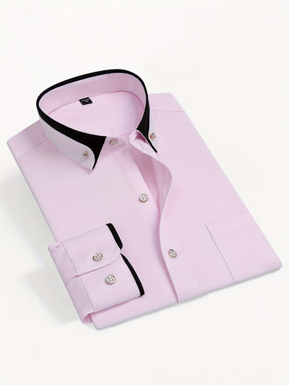 Color Block Fold-Up Collar Crystal Buckle Formal Shirt Men'S Long Sleeve Contrast Color Stretch Iron-Free Business Casual Top with Loan Fashion Cardigan Shirt