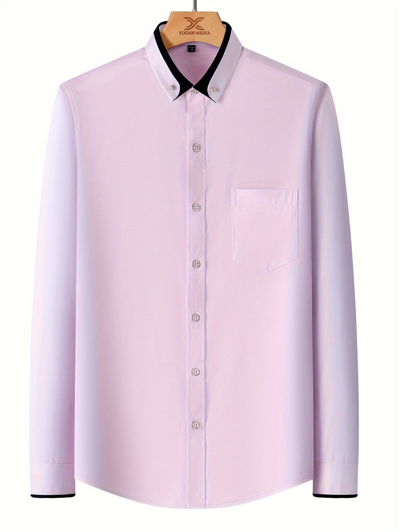 Color Block Fold-Up Collar Crystal Buckle Formal Shirt Men'S Long Sleeve Contrast Color Stretch Iron-Free Business Casual Top with Loan Fashion Cardigan Shirt