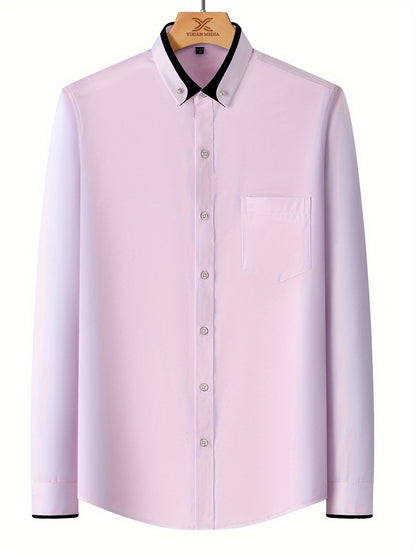 Color Block Fold-Up Collar Crystal Buckle Formal Shirt Men'S Long Sleeve Contrast Color Stretch Iron-Free Business Casual Top with Loan Fashion Cardigan Shirt