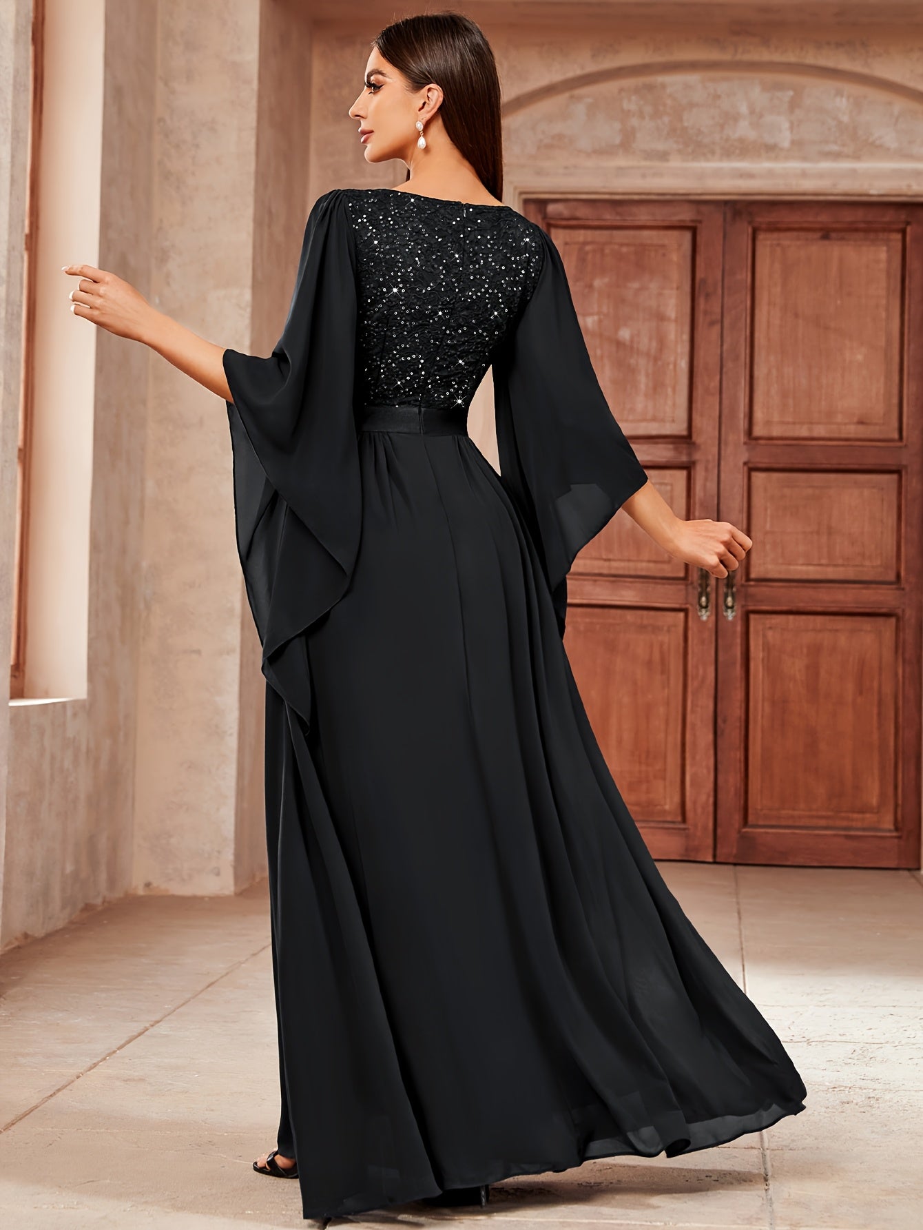 53303 Elegant Women's Lace & Sequin Bridesmaid Dress - A-Line Maxi Wedding Gown with 3/4 Bell Sleeves, V-Neck Color-Block (Bodice &), Machine Washable Bridesmaids Gown for Weddings, Parties, Prom