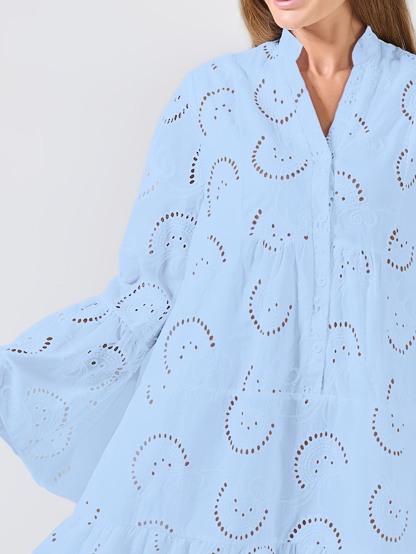 Elegant Mint Green V-Neck Shirt Dress with Bell Sleeves and Lace Cut-Out Detail - Chic Long Casual Dress for Women, Ideal for Home Gatherings and Parties, Casual Party Dress|Bell Sleeve Dress|Machine Washable Dress, Cute Dresses