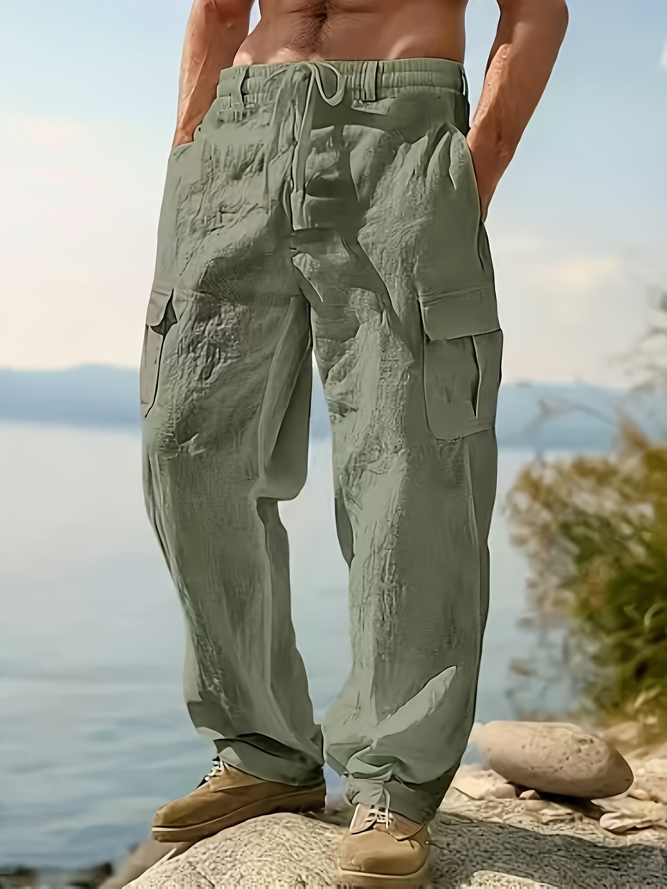 Men'S Spring/Summer Thin Breathable Casual Pants, Loose Fit, Solid Color, Drawstring Wide-Leg Trousers