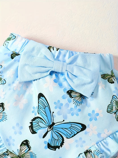 Baby Girl Cute Butterfly Patterned Round Neck Jumpsuit, Casual Bow Printed Shorts And Headband Three-Piece Set, for Outdoor