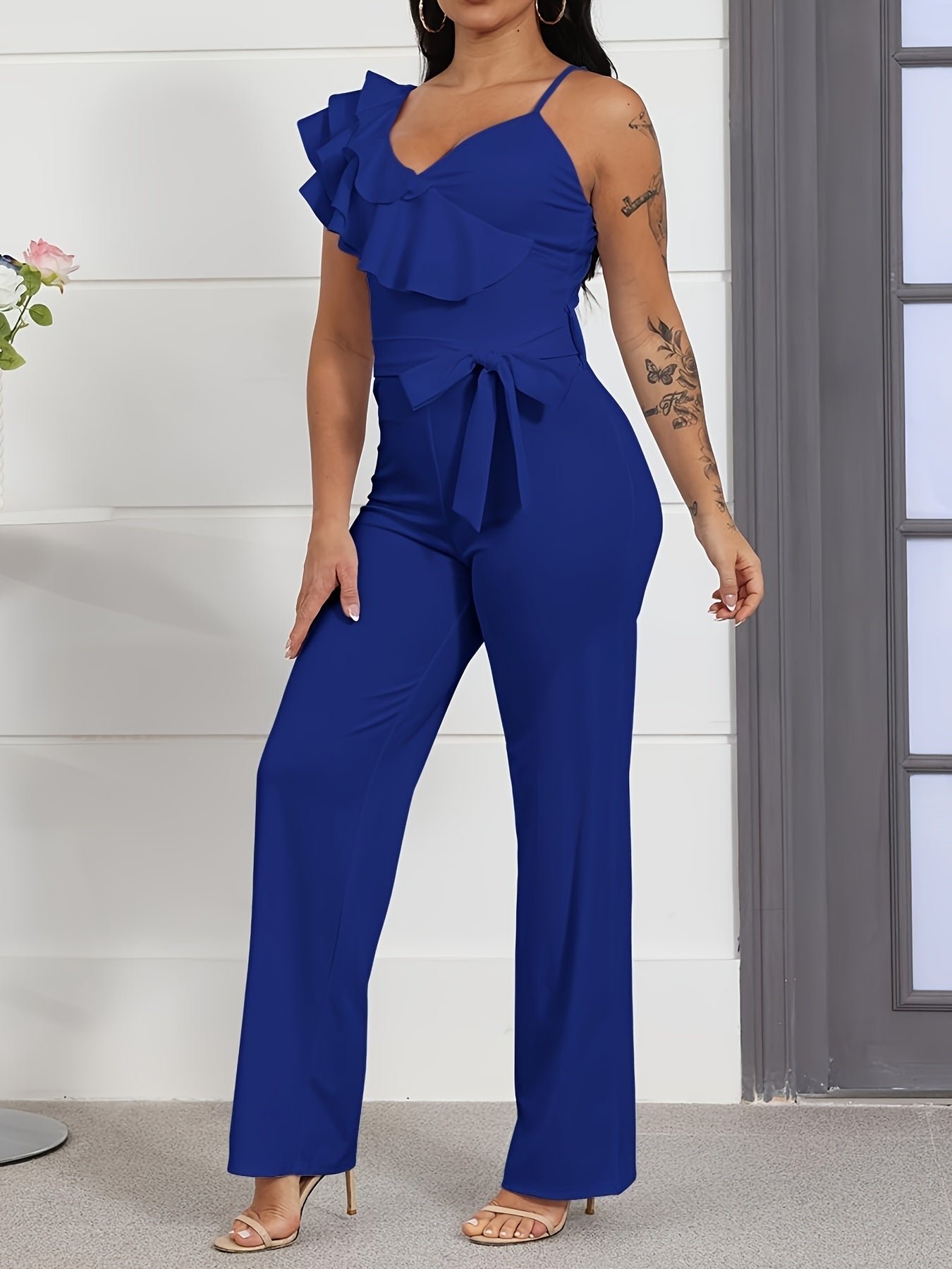 Womens Casual 1pc Jumpsuits V-Neck Sleeveless Ruffle Elegant Romper Wide Leg Pant Sexy Party Clubwear Overalls