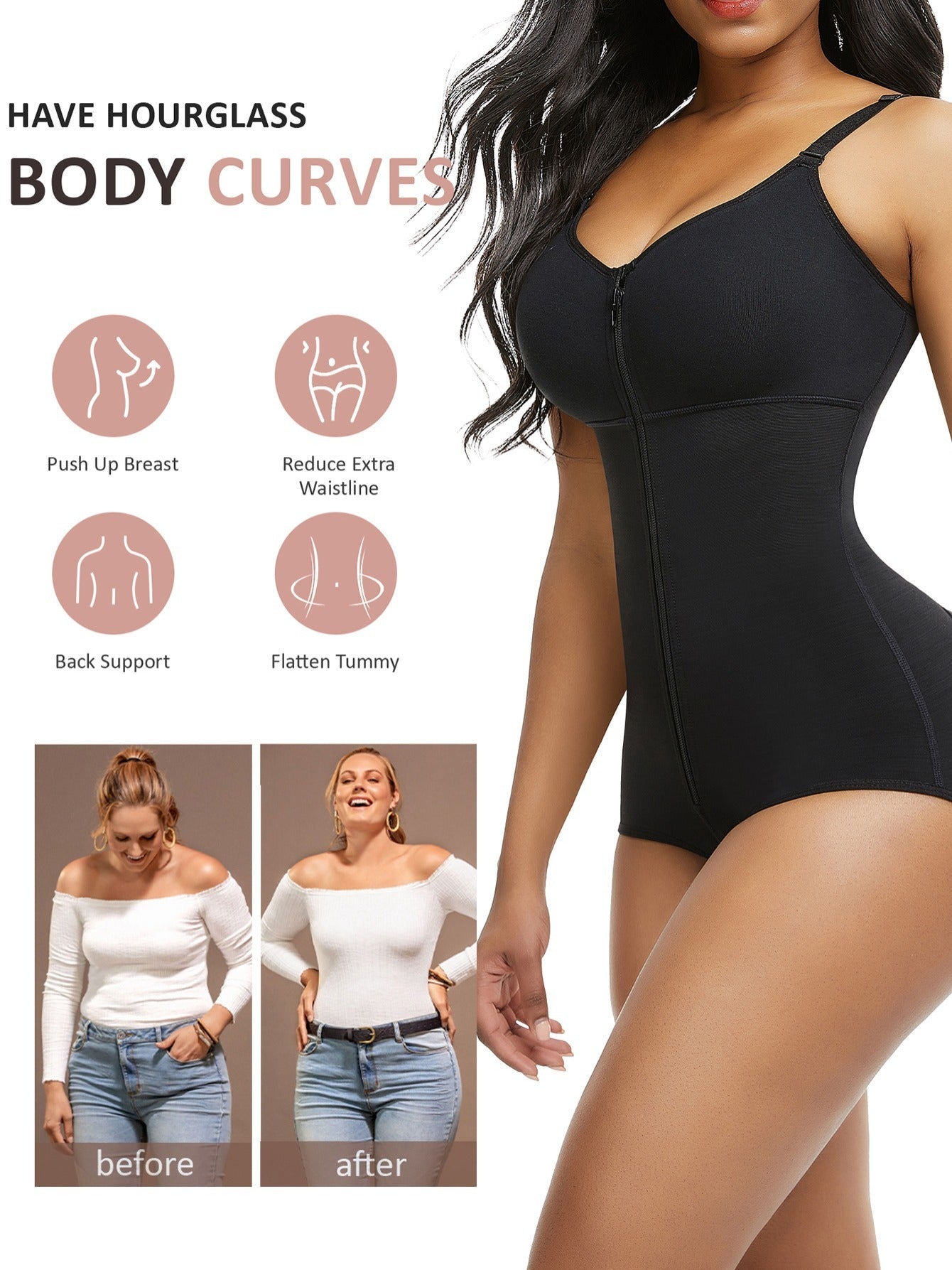 Colombianas Body Shaper Tummy Control Shapewear Zipper Full Bust Corset Bodysuits