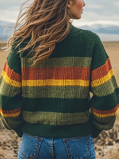 Cozy Fall Winter Stripe Sweater Loose Long Sleeves Pullover Crewneck ForTravelLoungeAndOutdoorUse CasualYetChic 1pc Elegant Top Women's Knitwear