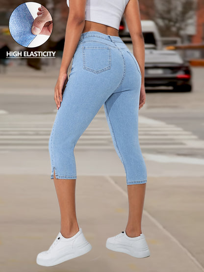 Womens Light Blue High Waisted Stretch Denim Capri Pants Ankle Length Split Hem Design Slim Fit Tummy Control Bootcut Flare Leg Casual Chic Style Comfortable Elastic Waistband Versatile Daily Wear Machine Washable Plus Size XS to XL All Season