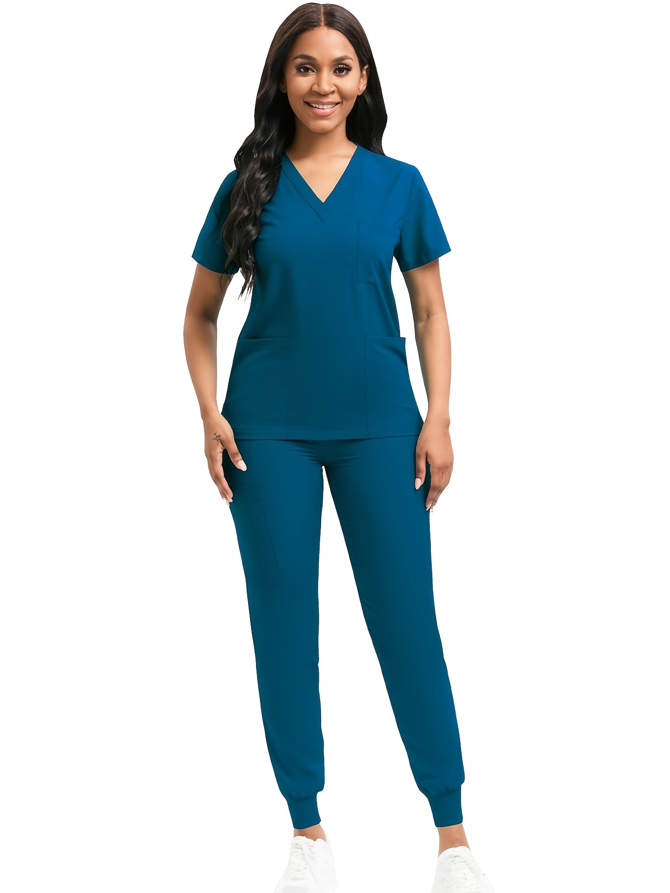 [Scrub Suit Set] Scrub Suit Set For Women Modern V-Neck Top T-Shirt & Tapered Leg Jogger Pants With Drawstring 2pcs Set Nursing Uniforms Set Suitable For Pet Hospitals, Dental Clinics, Nursing Work, Etc