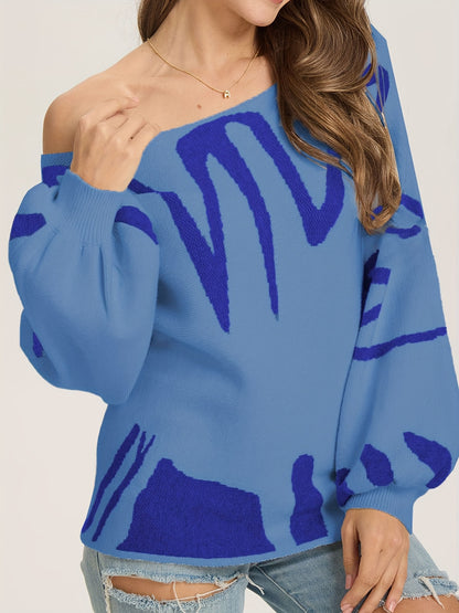Random Pattern Boat Neck Pullover Sweater, Casual Lantern Sleeve Loose Sweater, Women's Clothing