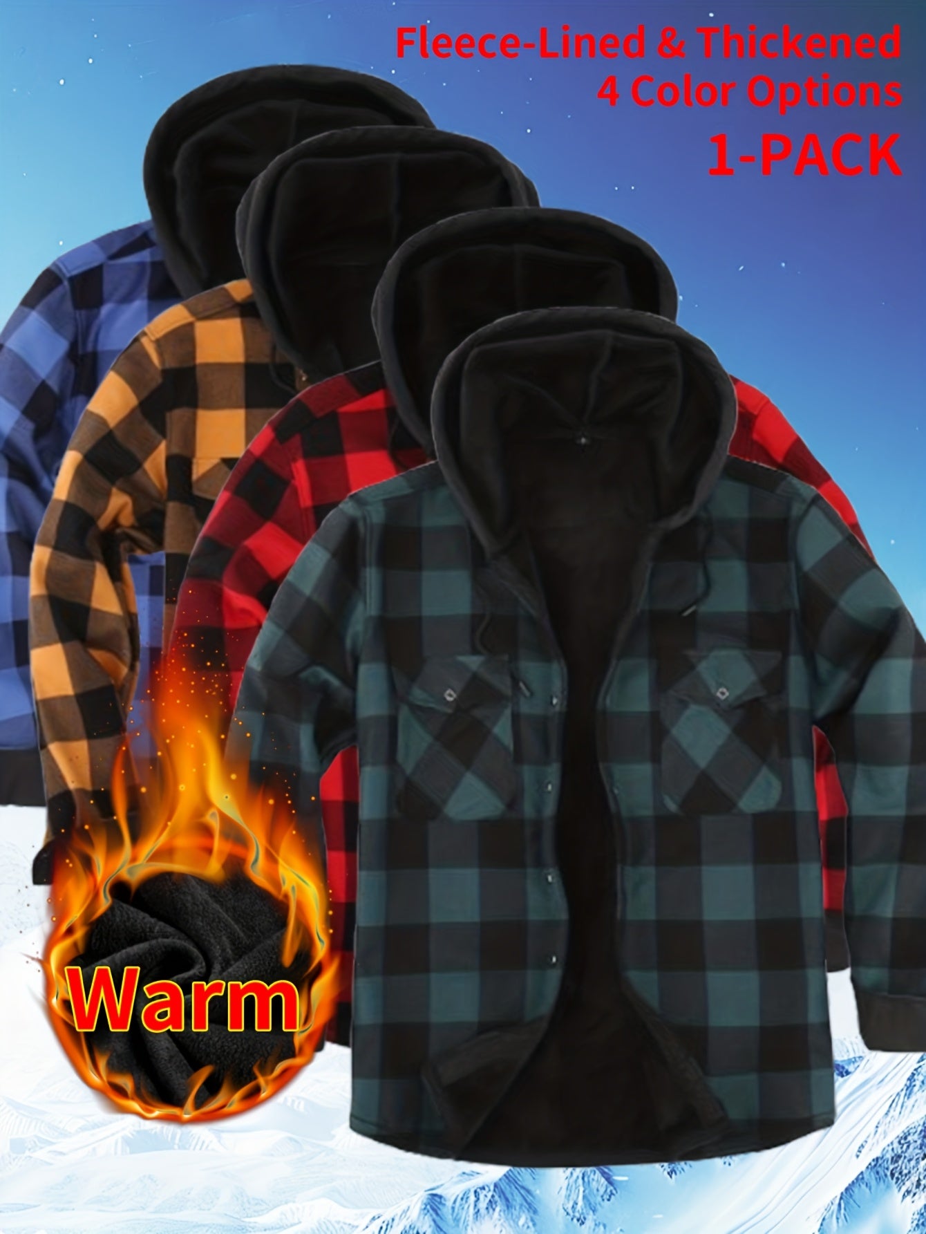 2025 New Men'S Checked Hooded Coat - Comfortable Fleece-Lined, Thick Casual Long Sleeve Top with Pockets, Black And Green Check Design, Ideal for Autumn/Winter, Suitable for Casual Or Professional Attire
