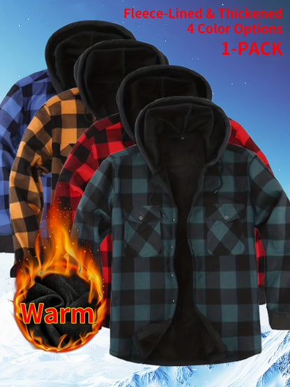 2025 New Men'S Checked Hooded Coat - Comfortable Fleece-Lined, Thick Casual Long Sleeve Top with Pockets, Black And Green Check Design, Ideal for Autumn/Winter, Suitable for Casual Or Professional Attire