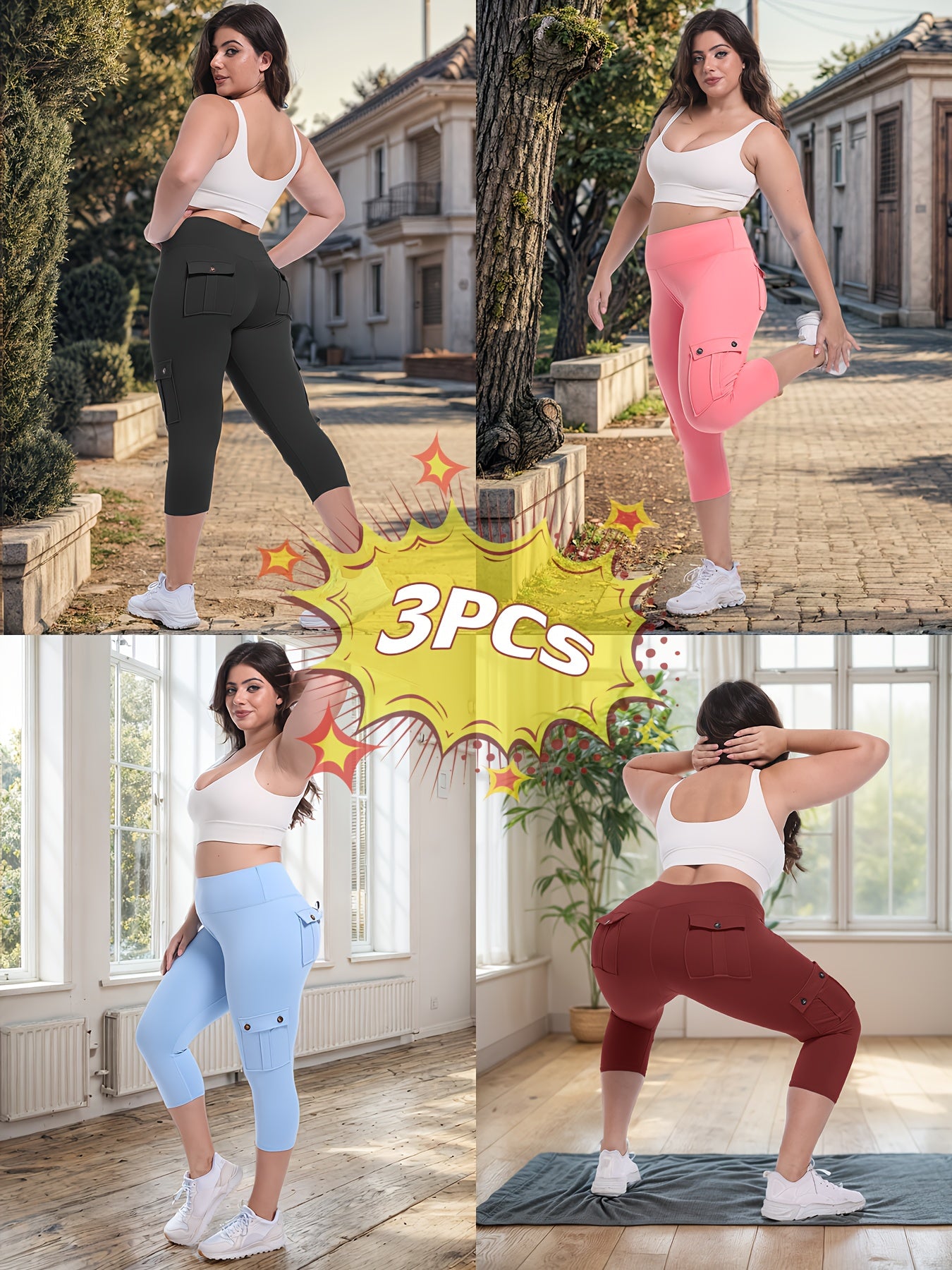 3-packs High Waist Yoga Capri Pants 3pcs Capri Pants Set, 4 Way Stretch Butt Lifting Tummy Control, 4 Button Pockets Workout Running Sports Pants
