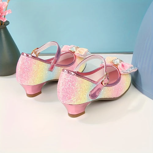 Girls' Sparkling Rainbow Iridescent High-Heeled Dress Shoes with Bow & Heart Charm - Lightweight Anti-Slip Round-Toe Party Wedding Performance Shoes, Faux Cover Upper & EVA Cushioned Insole, Secure Hook-and-Loop Closure for Special Occasions (Pink/P