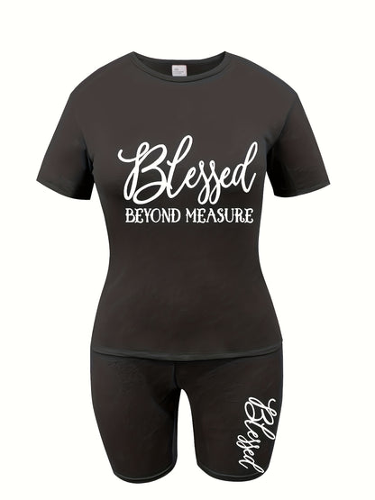 Plus Size - Plus Size - Relaxed Fit Letter Graphic Two-Piece Set, Casual Short-Sleeve Tee And Shorts Outfit, Women'S Trendy Rose Red Ensemble