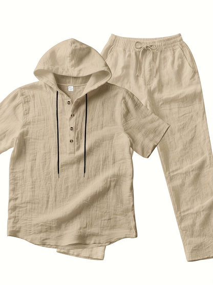Men'S Casual Linen Hooded 2pcs Set, Short Sleeve Drawstring Henley Shirt And Wide Leg Pants, Breathable Non-Stretch Fabric, Loose Fit for Vacation, Home And Outdoor, Multi-Color Options