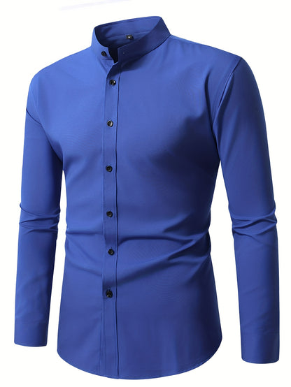 Men'S Henley Collar Long Sleeve Shirt | Casual, All-season, Solid Color, Regular Fit, Button Details, Woven Fabric