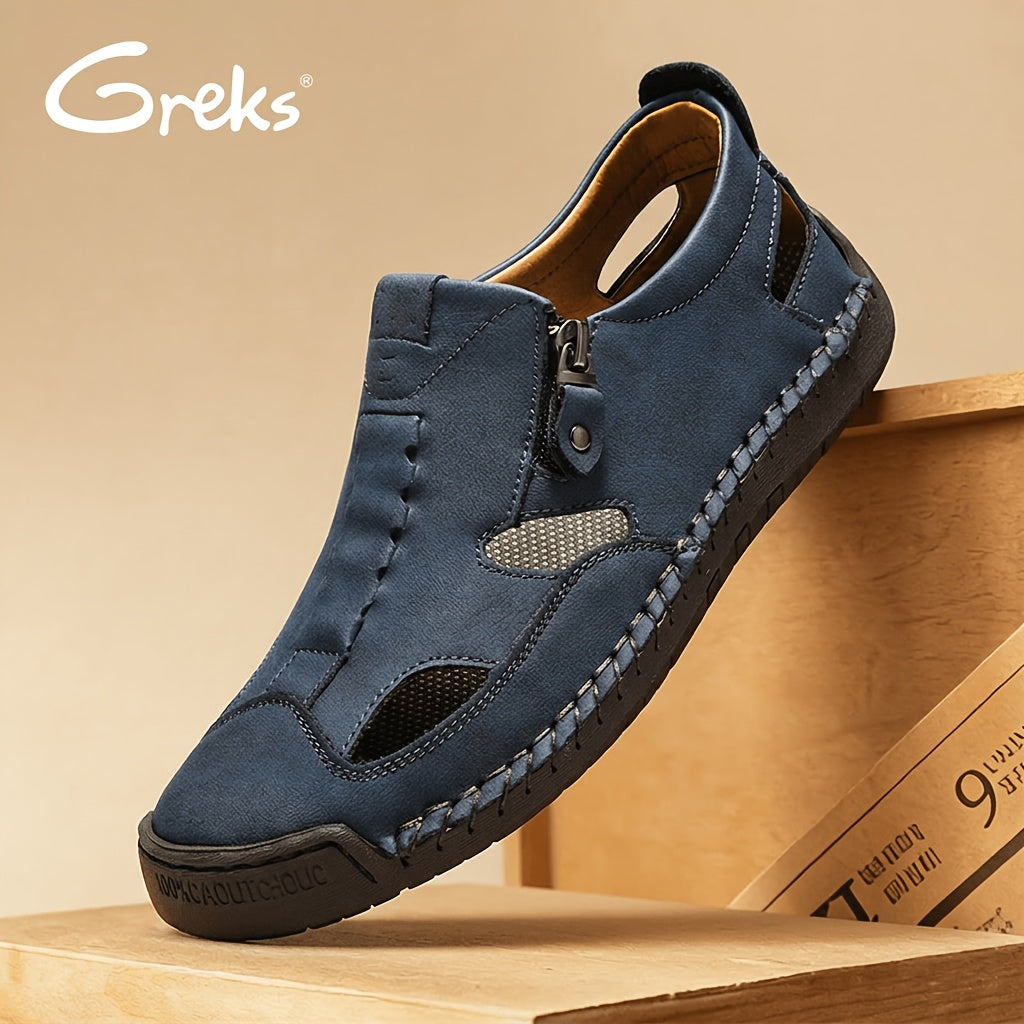 GREKS Men's Closed-Toe Fisherman Sandals Slip-On | Breathable Comfortable Casual Loafers for Summer Outdoor Driving & Walking | Side Zipper Hand-Sewn