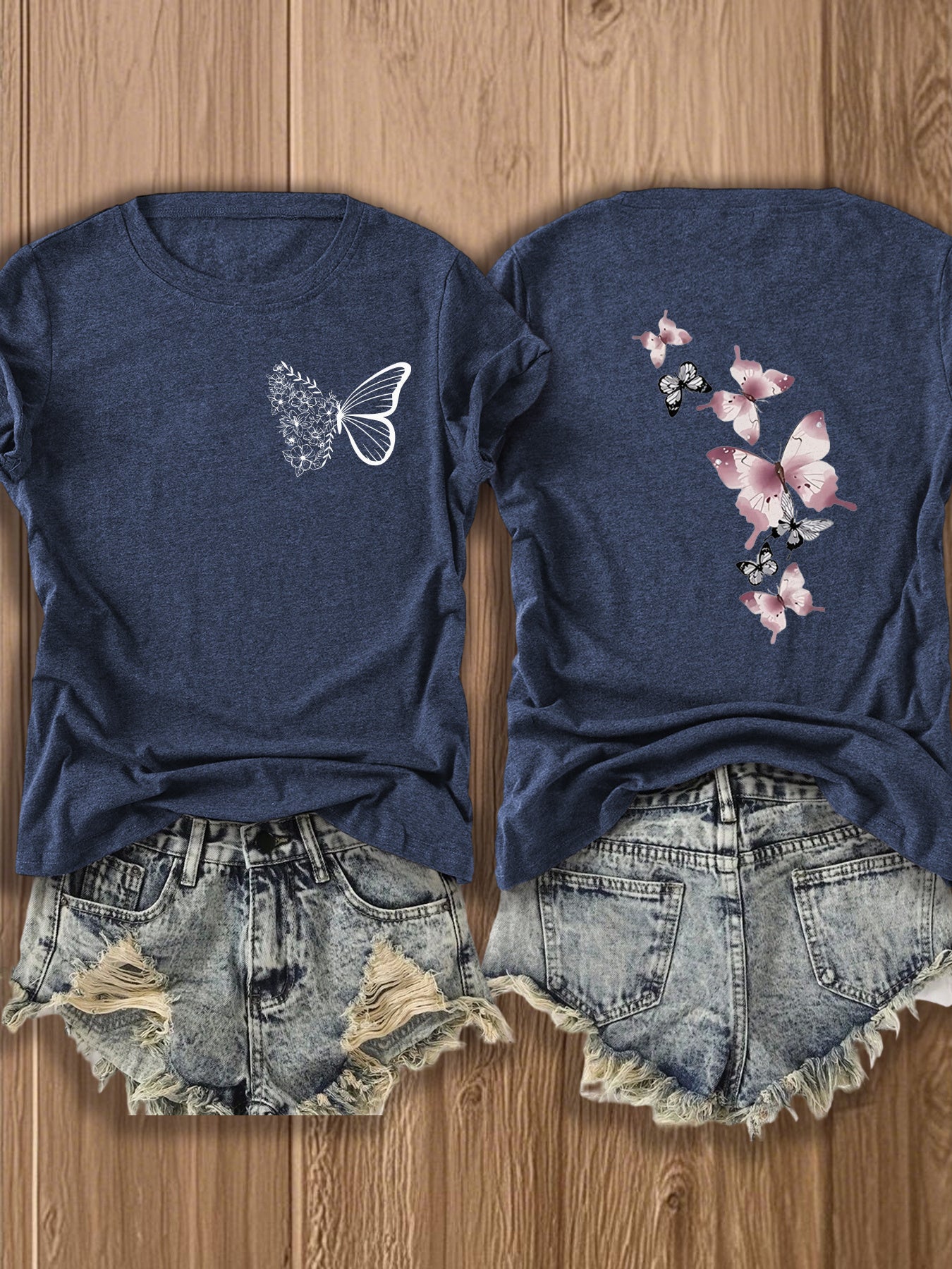 Butterfly Garden Double-Sided Print T-Shirt - Elegant And Whimsical Design, Suitable for Spring Wear, a Perfect Choice for Nature Lovers And Fashion Enthusiasts, Trendy Casual T-Shirt with Double-Sided Print Design