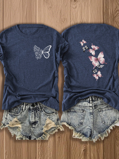 Butterfly Garden Double-Sided Print T-Shirt - Elegant And Whimsical Design, Suitable for Spring Wear, a Perfect Choice for Nature Lovers And Fashion Enthusiasts, Trendy Casual T-Shirt with Double-Sided Print Design