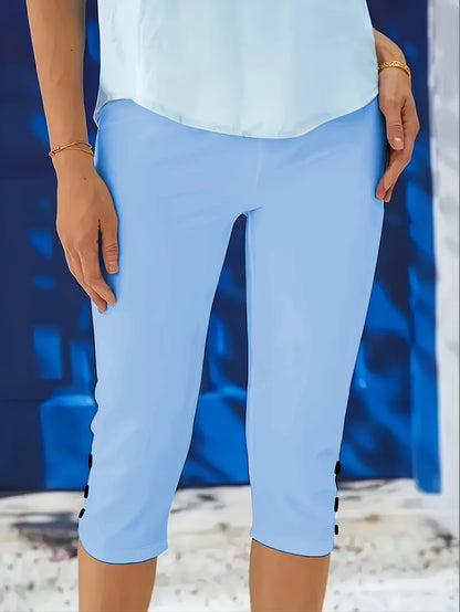 2pcs Women's Stylish Solid Color Capri Pants with Button Details - Medium Elasticity, Machine Washable, All-Season Casual Wear for Adults, Comfortable Leisurewear | Sleek Capri Leggings