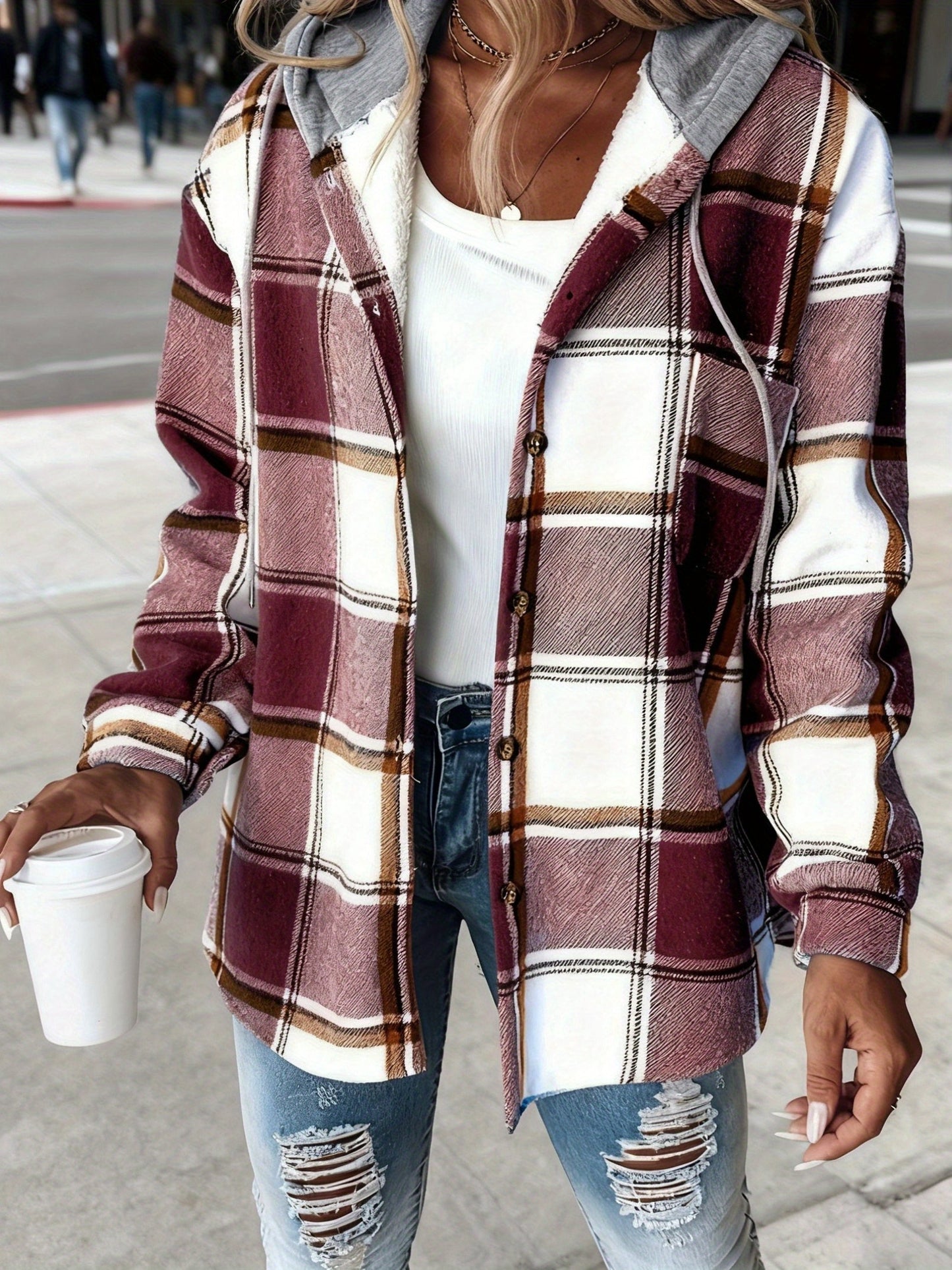 Plaid Hooded Jacket for Women Featuring a Lining, Perfect for Chilly Fall And Winter Days. It Has an Adjustable Hood And a Button-Front Closure, And Is Machine Washable. Available in Brown, Beige, White, And Black