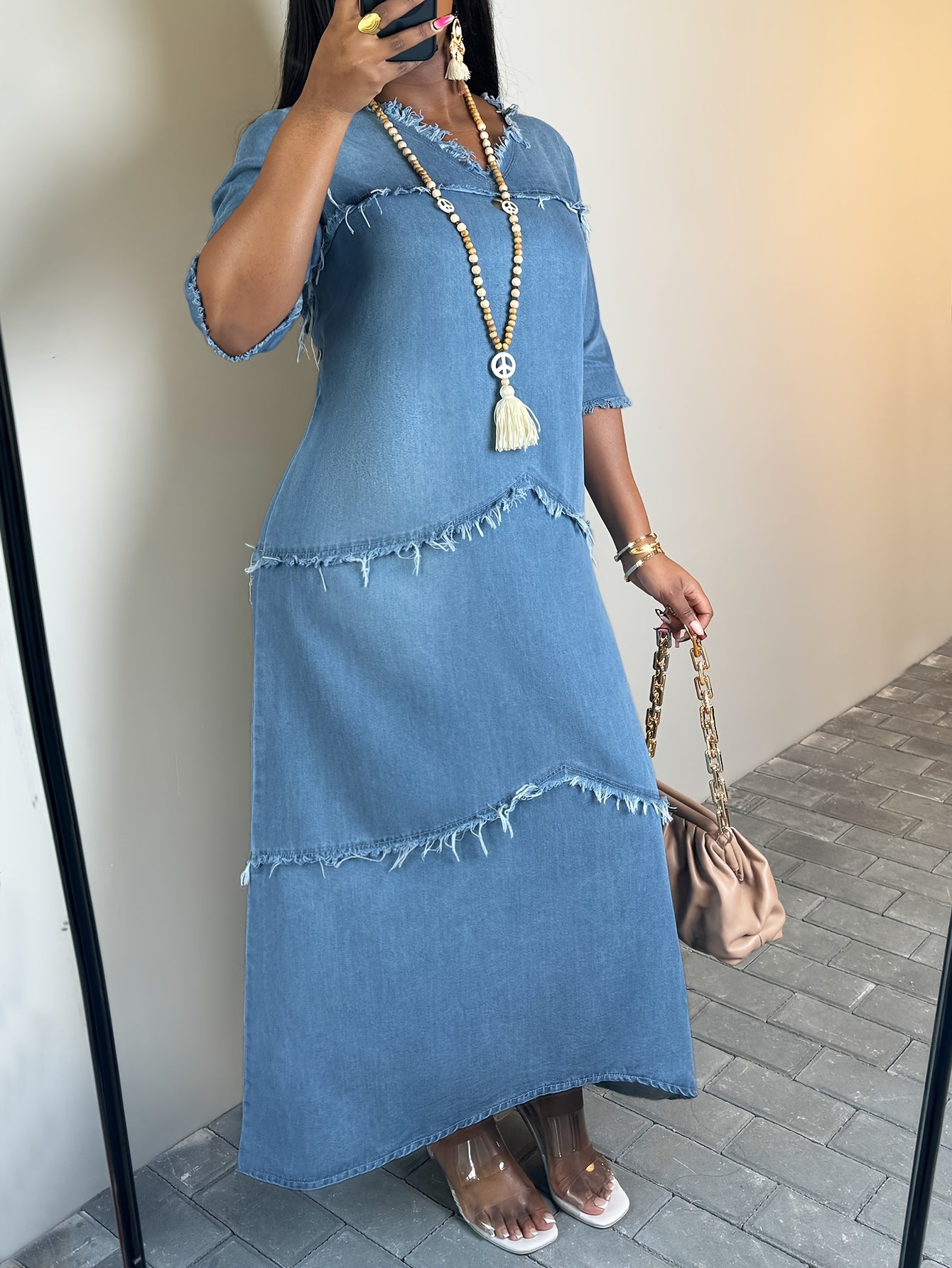 Bohemian Style Loose Denim Maxi Dress with V-Neck, 3/4 Sleeves, And Fringed Patchwork Details - Relaxed Fit, Casual, And Chic for a Stylish, Effortless Look