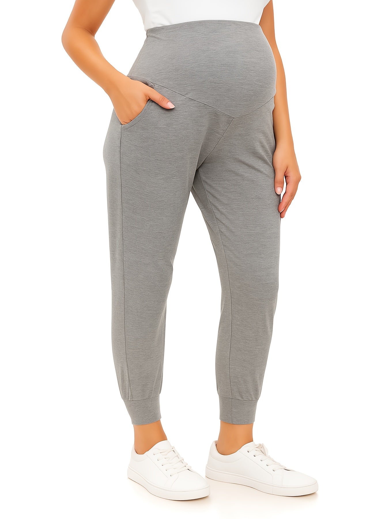 2pcs Women's Maternity High-Waisted Stretchy Pants - 95% Rayon 5% Spandex Tummy Control Elastic Waistband, 7/8 Length with Pockets for Running, Lounge & Postpartum - All-Season Comfort (Black & Grey), Maternity Pants, Pregnancy Clothing, Solid Color Pants