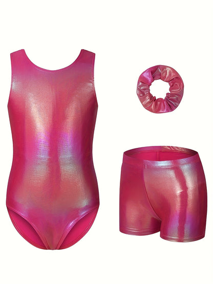 Girls' Sleeveless Gymnastics Bodysuit + Shorts + Headwear, Perfect for Outdoor