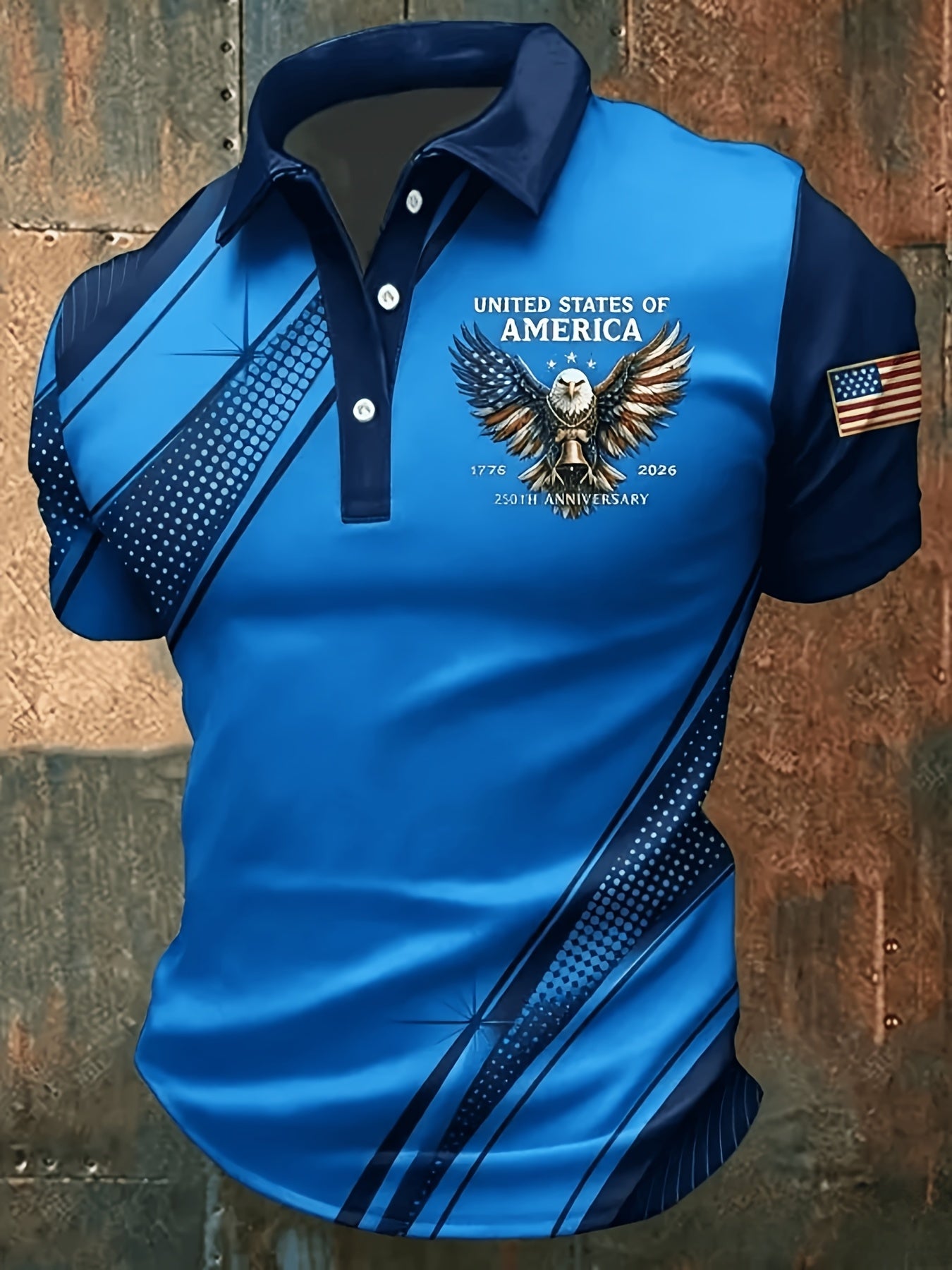 Plus-Size Men'S Summer Short-Sleeve Polo Shirt, Men'S T-Shirt, Men'S Top, American-Style Commemorative Flag Print Short-Sleeve, Golden Lines Eagle Print Design, Flag Sleeve Badge, Business Casual Short-Sleeve Top, Plus Size