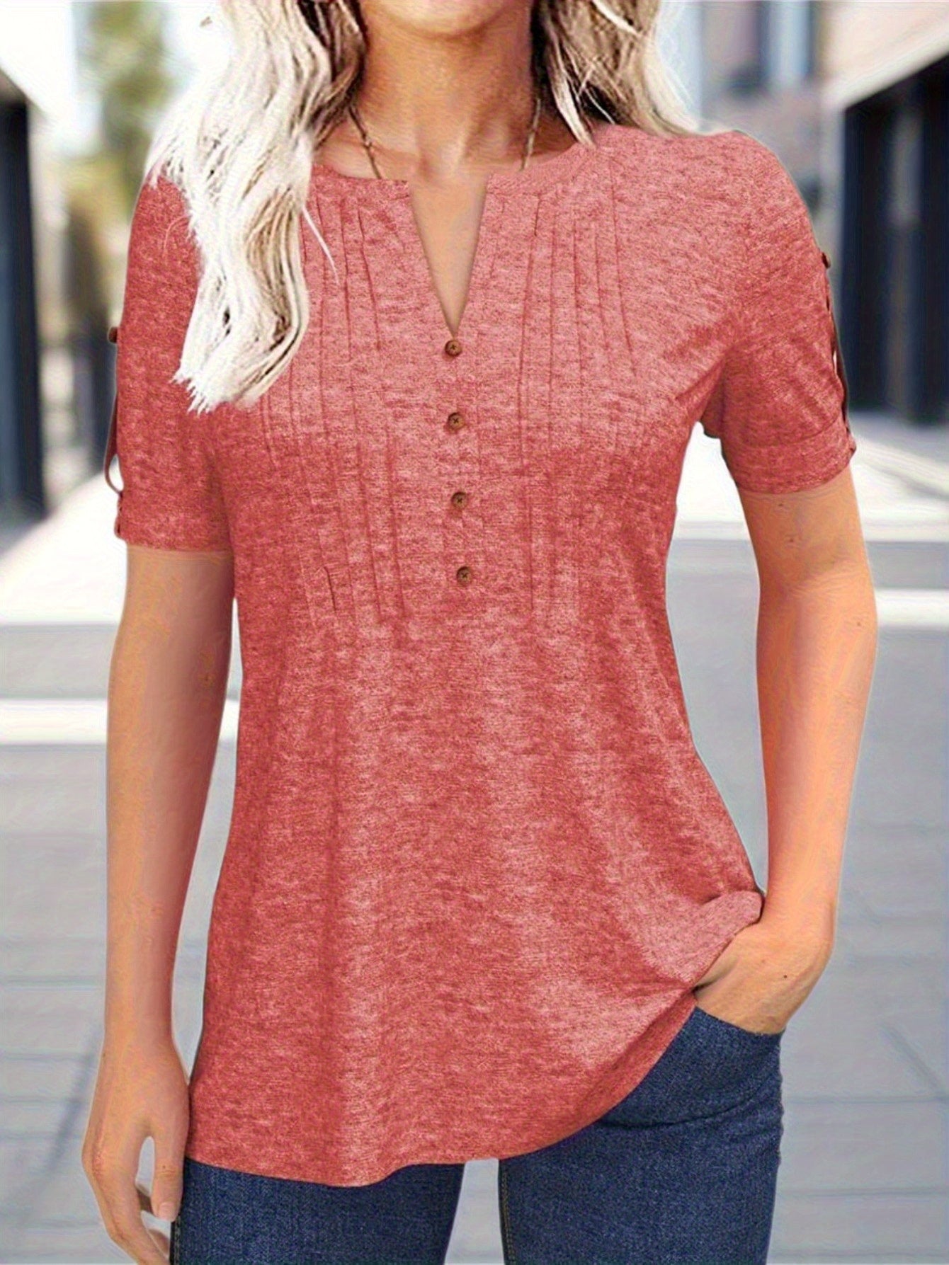 Casual Short-Sleeve Blouse for Women with a Solid Color, Featuring a Pleated Design, Buttoned V-Neck, And a Zipper