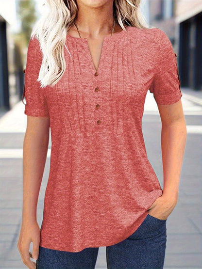Casual Short-Sleeve Blouse for Women with a Solid Color, Featuring a Pleated Design, Buttoned V-Neck, And a Zipper