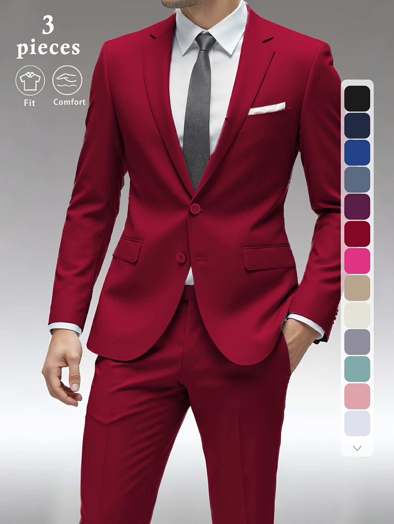 Men's Solid Color Complete 3pcs Suit Set Slim Fit Modern Tailored for Weddings Business Graduation Father's Day Gifting Express Delivery