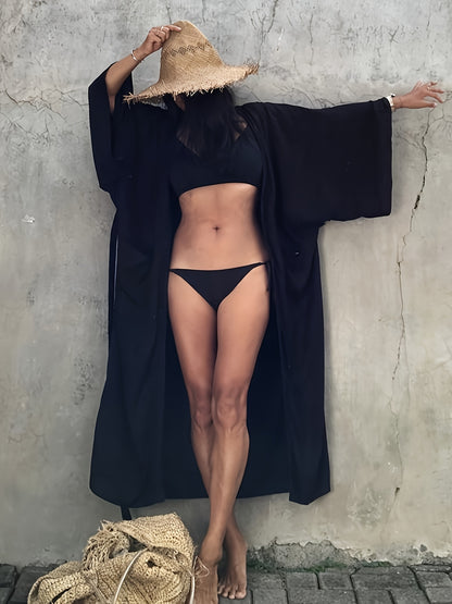 Women's Beige Kimono Cardigan - Casual V-Neck, Long Sleeve with Tie Waist, Lightweight Beach Cover-Up Dress, Breathable & Semi-Sheer for Vacation Layering, Casual Layering Piece|Flowing Beachwear|Breathable Fabric