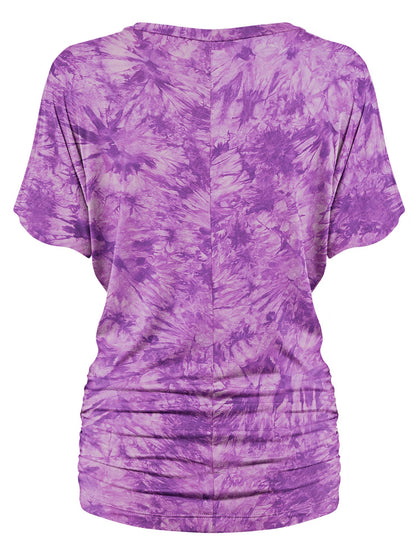 Women's Short Sleeve V Neck Tie-Dye Dolman Top w/Side Shirring