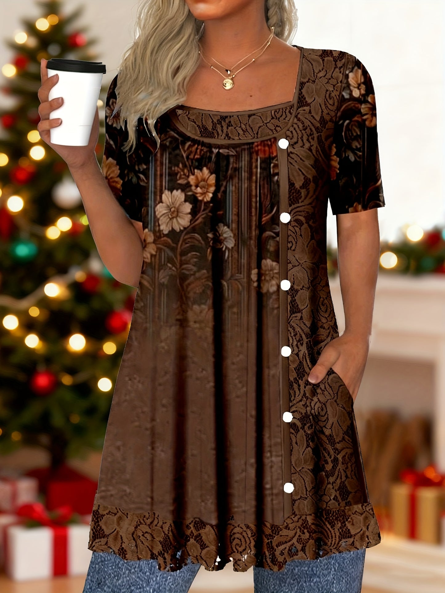 Plus Size, Women's Short Sleeve Scoop Neck Graphic Lace Pockets Tops
