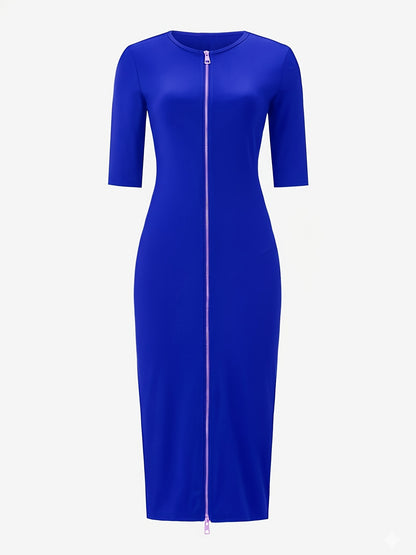 Elegant and Simple, Slim-fit Cut, Zipper Design, Boat Neckline, Mid-length Short-sleeve Dress, Cardigan Dress, Suitable for Fashionable Women, Short-sleeve Dress for Spring, Summer, and Autumn