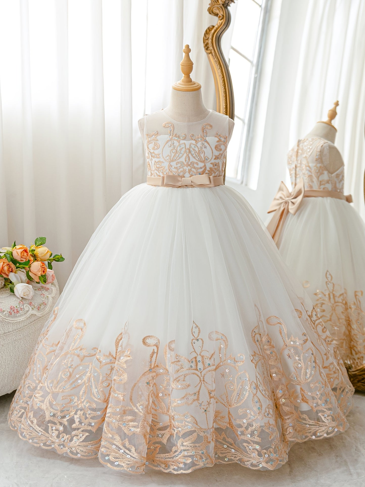 Flower Girl Lace Dress for Kids Wedding Bridesmaid Pageant Party Formal Long Gown Princess Communion Tulle Bow Dresses