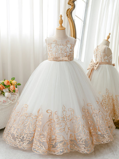 Flower Girl Lace Dress for Kids Wedding Bridesmaid Pageant Party Formal Long Gown Princess Communion Tulle Bow Dresses