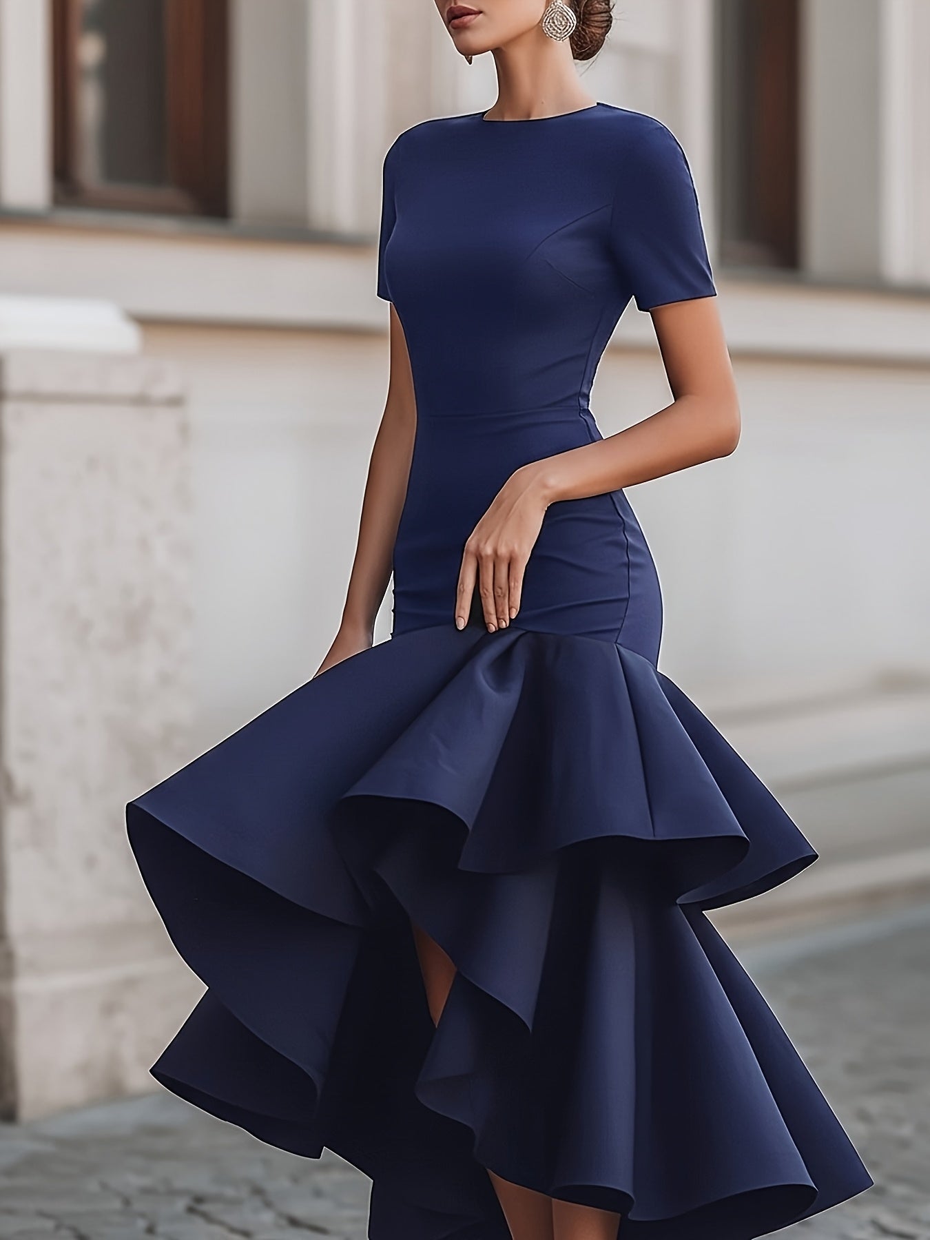Women's Spring-Summer Round Neck Short-Sleeve Mermaid Dress | Elegant Exquisite Design Showcasing Premium Temperament, Ideal for Dinners & Luxury Gatherings to Create Neat Eye-Catching Looks